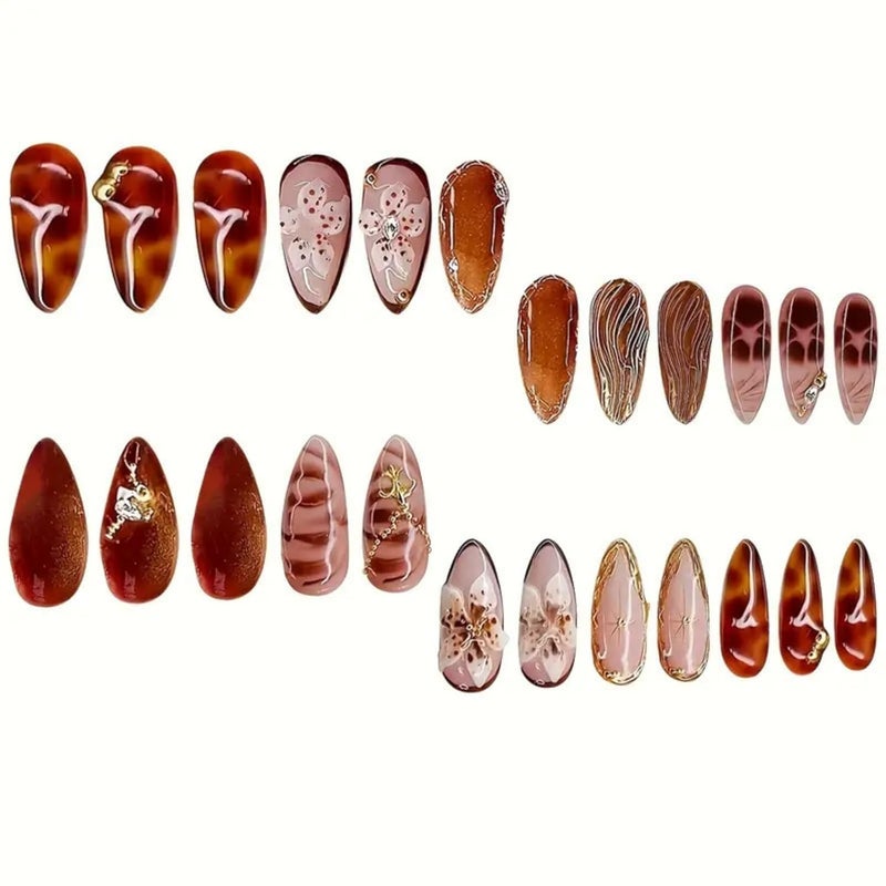SEENEEY Medium Almond Press on Nails Brown Fake Nails Floral Artificial Nail with Gold Charm Designs Glitter Stick on Nail for Women 24pcs - Image 4